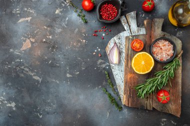 Spices, Herbs, Cutting board for cooking. kitchen background, banner, menu, recipe place for text top view,