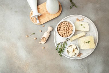 tofu cheese on a light background, Healthy, clean eating. Vegan or gluten free diet. place for text, top view,