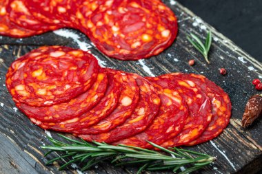 Iberian chorizo, traditional spanish tapas, Food recipe background. Close up,
