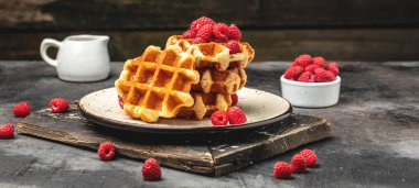 Süt sürahisi ile servis edilen bir toz bulutunun dondurucu hareketinde şekerli ahududulu Belçika waffleları. Lezzetli kahvaltı ya da atıştırmalık.