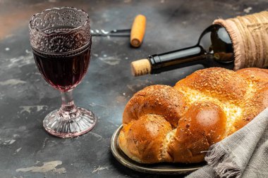 Homemade braided challah shabbat wine, Traditional Jewish Shabbat ritual. Shabbat or Shabath concept.
