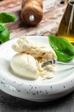 Puglia 'dan taze İtalyan peyniri, beyaz burrata topları veya burratina peyniri Basil ve zeytinyağı ve Ciabatta. metin için yer, üst görünüm.