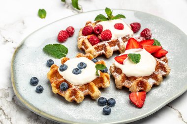 Ahududu, çilek ve yabanmersinli Belçika Waffle 'ı. Mutfak, yemek pişirme, fırın konsepti. Yemek tarifi geçmişi. Kapat..