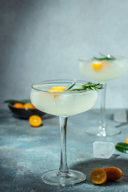 Gin and tonic cocktail with kumquat ice. refreshing soda. vertical image. top view. place for text,