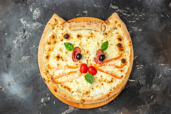 children\'s pizza in the shape of a cat\'s face on a dark background, banner, menu, recipe place for text, top view,