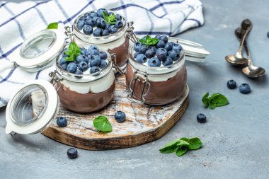 Lezzetli çikolatalı mus veya kremalı puding. Yaban mersinli çikolatalı panna cotta. Çikolatalı puding ve Yunan yoğurt parfe.