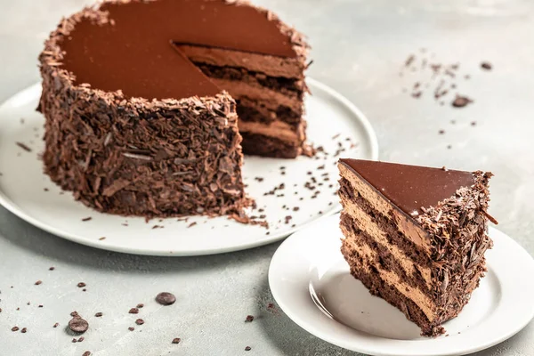delicious chocolate cake. Food recipe background. Close up. Layered chocolate cake.