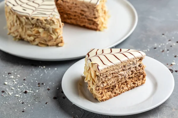 layer cake with caramel and nut. banner, menu, recipe place for text.