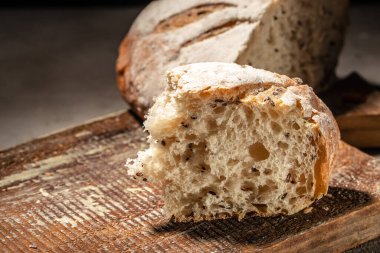 rustic crusty loaves of bread, Bakery, food concept. Top view,