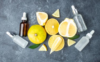 Bergamot citrus fruit essential oil, aromatherapy oil natural organic cosmetic. place for text, top view.