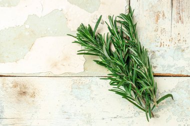 Fresh rosemary herb on a wooden background, banner, menu, recipe place for text, top view,