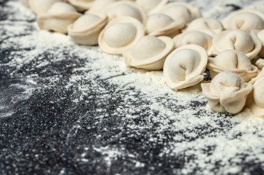 Pelmeni böreği hazırlığı. Çiğ et pelmeni, ravioli, mantı. afiş, menü, metin için tarif yeri, üst görünüm.