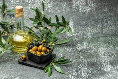 Zeytinli bir dal ve koyu arkaplanda bir şişe zeytin yağı. Üst Manzara. metin için yer,