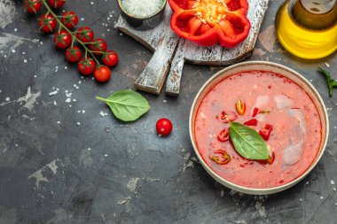 Spicy Homemade Gazpacho Soup. Summer cold vegan food on a dark background. Long banner format. top view.
