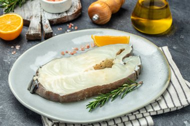 fish fillet sreak. Anarhichas fish sreak. banner, menu, recipe place for text, top view.