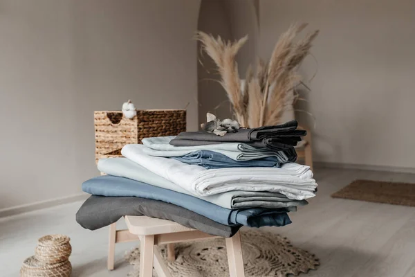 Stack of folded warm blankets, hypoallergenic Cotton bedding, Laundry and hotel service concept,