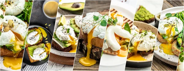 Food collage of poached egg, Ketogenic diet. Low carb high fat breakfast. Healthy food concept,