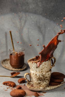 Çikolatalı bisküvilerle kakao içeceği, dondurucu hareketler, sıcak kakao damlaları, dikey görüntü. metin için yer,