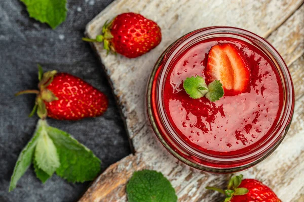 Strawberry Jam Jar Fresh Berries Wooden Board Banner Menu Recipe — 스톡 사진