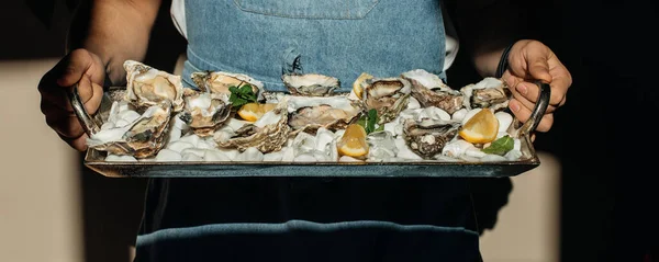 Austern Der Mensch Isst Schalentiere Meeresfrüchte Und Mediterrane Küche Mit — Stockfoto