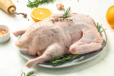 fresh whole raw duck with orange thyme and spices, prepare to cook, banner, menu, recipe place for text, top view,