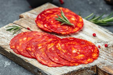 dry cured Spanish pork chorizo sausages with paprika, Food recipe background. Close up,