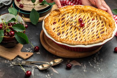Homemade cherry pie, banner, menu, recipe place for text, top view,