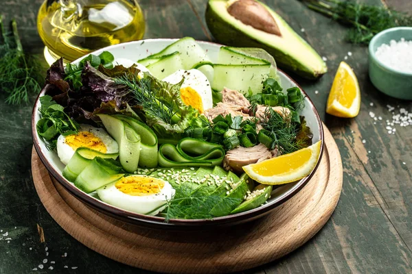Ketogenic Low Carbs Diet Plate Keto Foods Two Eggs Avocado — Stock Photo, Image