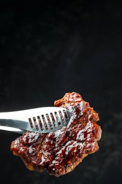 Şefin elleri et pişiriyor ve dondurucu hareketle baharat ekliyor. dikey görüntü. metin için yer.