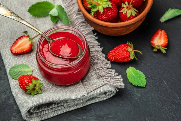 Jar Strawberry Jam Dark Background Homemade Strawberry Marmelade Fruits Long — Stock Fotó