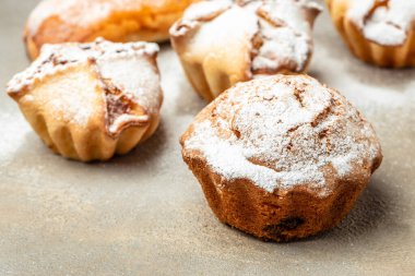 Pudra şekeri serpiştirilmiş kek ve çörekler, yemek tarifi geçmişi. Kapat.,