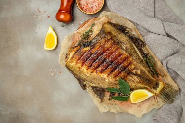 grilled flounder, Grilled fish seafood. banner, menu, recipe place for text, top view,