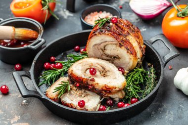 Roll of meat with berry sauce. banner, menu, recipe place for text, top view.