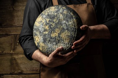 Koyu bir arka planda tekerlek gibi sert peynir tutan eller, peynir üreticisi, metin için yer,