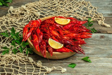 Ahşap zemin üzerinde bira olan haşlanmış kerevit. Istakoz yakın plan