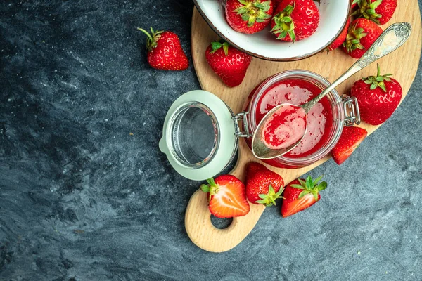 Jar Strawberry Jam Strawberries Homemade Strawberry Marmelade Fruits Wooden Board — Stock Photo, Image