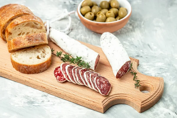 Fresh Homemade Italian Bread Ciabatta Slised Fuet Food Recipe Background — Fotografia de Stock