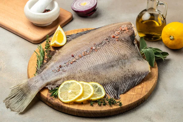 stock image Flounder Fish. Seafood Food recipe background. Close up.