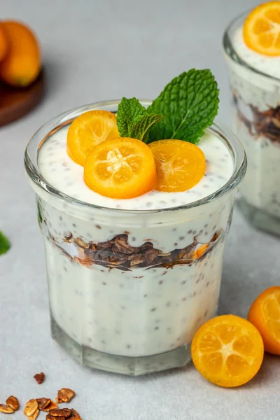 Chia Pudding Parfait Layered Kumquat Granola Breakfast Healthy Food Concept — Stock Photo, Image