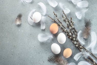 Paskalya söğüt dalı ve mavi arka planda yumurtalar. Mutlu Paskalya tatili konsepti. metin için yer, üst görünüm.