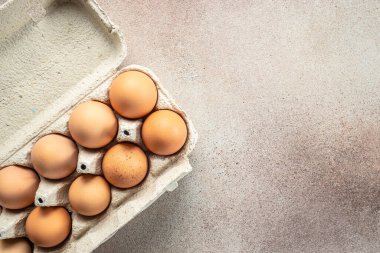 Yumurta kutusunda çiğ tavuk yumurtası. Tarım, biyolojik ve eko tarım kavramı, biyolojik gıda ürünleri. metin için yer.