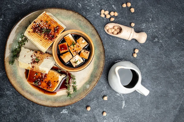 Marinated Tofu Herbs Spices Vegetarian Tofu Cubes Dark Background Banner — Foto de Stock