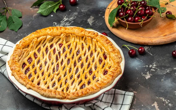 Homemade cherry pie, banner, menu, recipe place for text, top view,