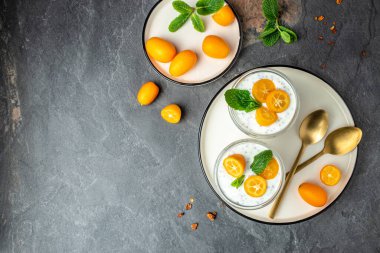 Kumquat chia pudding yogurt. healthy breakfast. superfood concept. Healthy, clean eating. Vegan or gluten free diet.