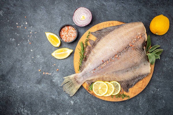 Flounder Fish. Seafood Food recipe background. Close up.