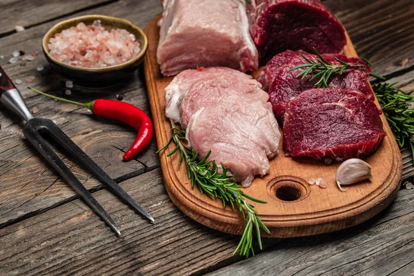 Various Types Fresh Meat Pork Beef Different Types Raw Pork — Stock Photo, Image
