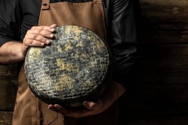 Büyük Sarı Peynir Çarkı Satıcının Elinde Peynir Üreticisinin Ellerinde Peynir — Stok fotoğraf