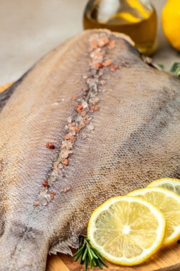 Flounder Fish. Seafood Food recipe background. Close up.