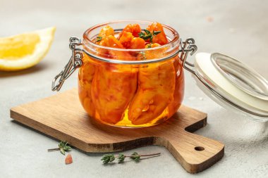 Surimi sticks in oil in a jar, Healthy food concept. place for text, top view,