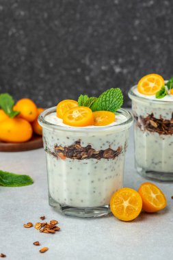 Chia pudding parfait, layered with kumquat and granola. breakfast. Healthy food concept. place for text.